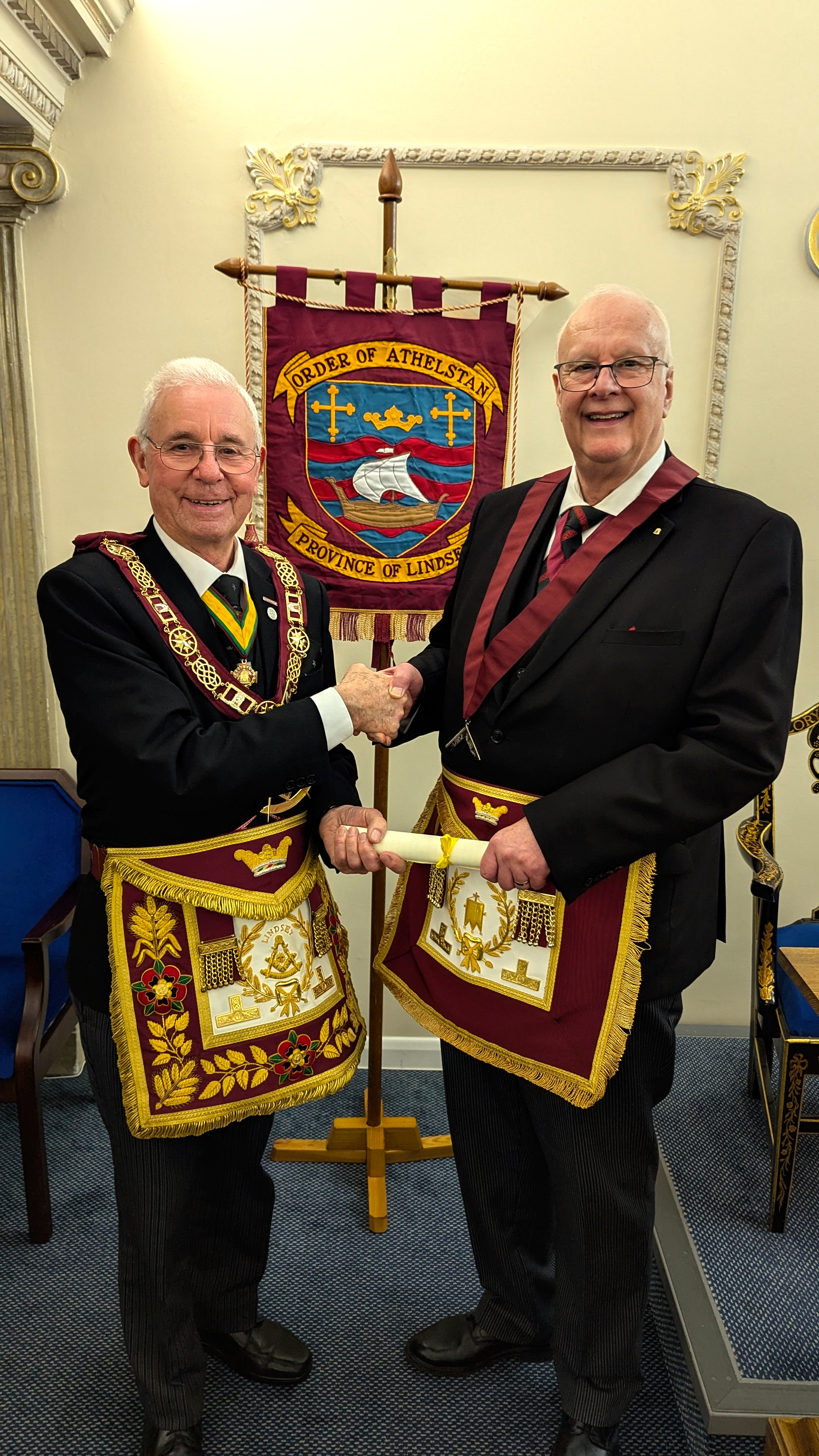 The WM of the Court of Thoac, W Bro Lance Milburn with the Consecrating Officer the Provincial Grand Master R W Bro Michael Carter.